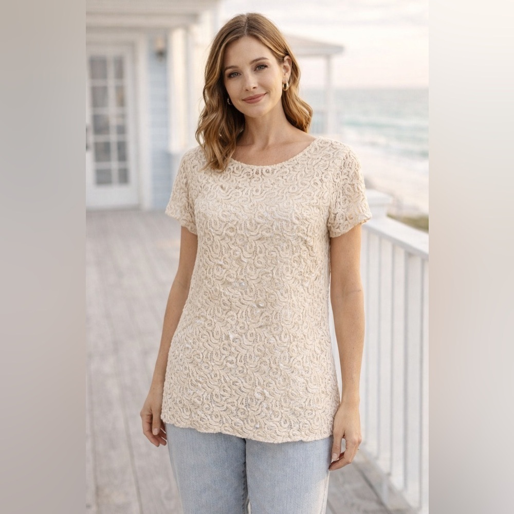 Ann Taylor LOFT Beige Lace M Crochet Blouse Women’s Preppy Modest Ethereal Top
